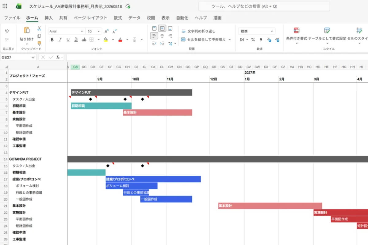 プロジェクト管理ツールから出力したガントチャートの Excel