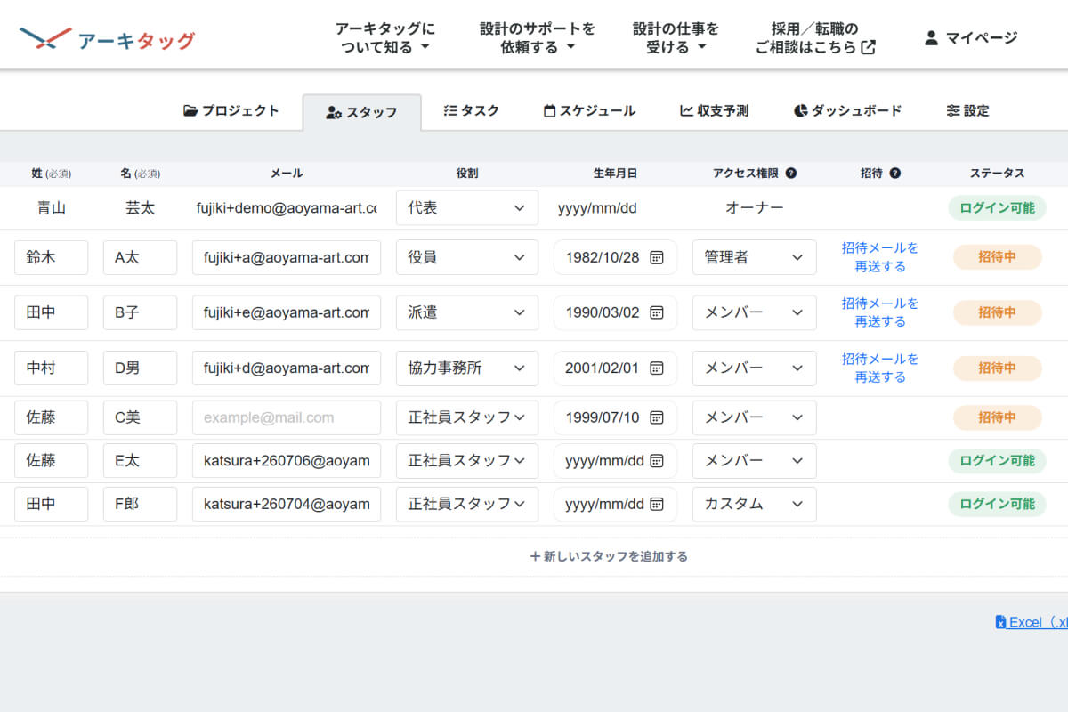 プロジェクト管理ツールのスタッフ一覧画面